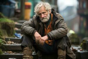 an elderly man sits on the steps of a building generative ai photo