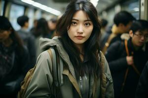 an asian woman on a subway train photo