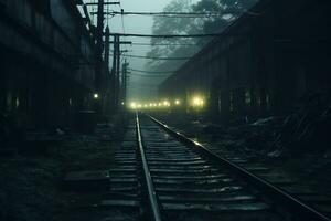 an empty train track in the middle of a foggy night generative ai photo