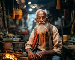 an old indian man sitting in front of his pottery shop generative ai photo