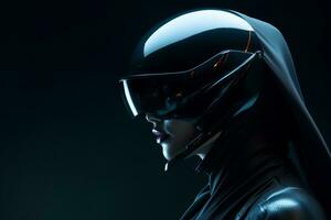 an image of a woman in a black suit and helmet photo