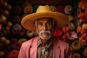 un antiguo hombre vistiendo un sombrero en frente de muchos sombreros generativo ai foto