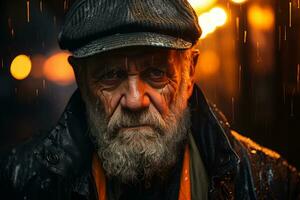 an old man with a beard and hat in the rain generative ai photo