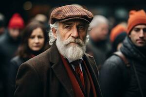 an old man with a beard and hat in a crowd generative ai photo