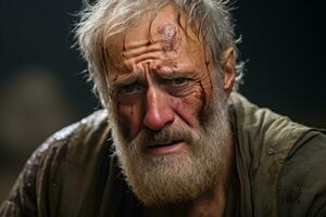 un antiguo hombre con un barba y sangre en su cara generativo ai foto
