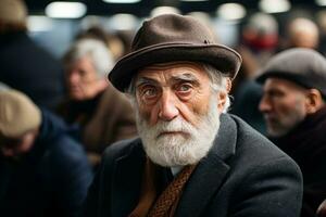 un antiguo hombre con un barba y sombrero sentado en un multitud generativo ai foto