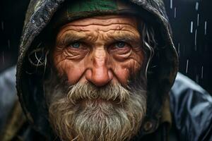 an old man with a beard and hooded jacket in the rain generative ai photo