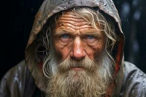 un antiguo hombre con un barba y lluvia chaqueta generativo ai foto