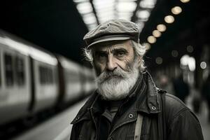 an old man with a beard standing in front of a train generative ai photo