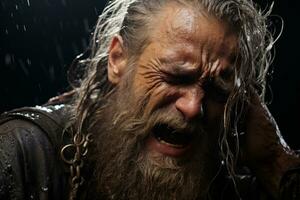 un antiguo hombre con un barba y largo pelo en el lluvia generativo ai foto