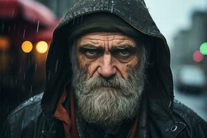 an old man with a beard in a hooded jacket standing in the rain generative ai photo
