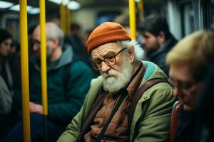 un antiguo hombre con un barba sentado en un tren generativo ai foto