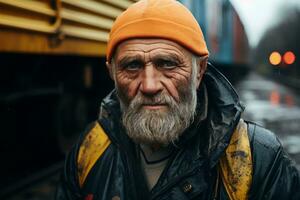 an old man with a beard standing in front of a train generative ai photo