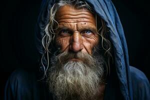 un antiguo hombre con un largo barba y azul ojos generativo ai foto