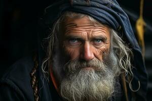 un antiguo hombre con un largo barba y azul ojos generativo ai foto