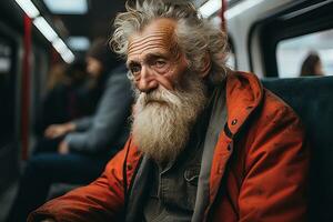 an old man with a long beard sitting on a train generative ai photo