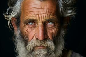 un antiguo hombre con azul ojos generativo ai foto