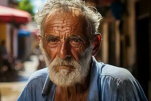 an old man with a white beard and a blue shirt generative ai photo