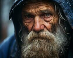 un antiguo hombre con un largo barba y capucha generativo ai foto