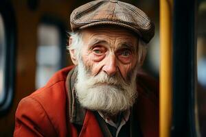 un antiguo hombre con un blanco barba sentado en un autobús generativo ai foto