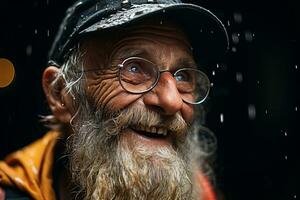 un antiguo hombre con lentes y un barba sonrisas en el lluvia generativo ai foto