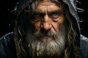 un antiguo hombre con largo pelo y barba en el lluvia generativo ai foto