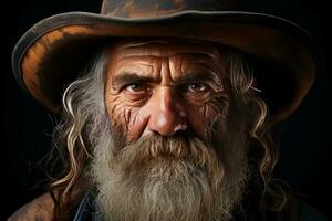 an old man with long hair and beard wearing a cowboy hat generative ai photo