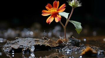 un naranja flor creciente fuera de el suelo en un charco de agua generativo ai foto