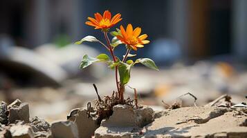 an orange flower growing out of a pile of rubble generative ai photo