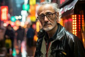 an older man with glasses and a leather jacket standing on a city street at night generative ai photo