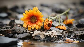 an orange flower sits on the ground in a puddle of water generative ai photo