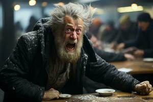 an old man with white hair and beard sitting at a table with a cup of coffee generative ai photo