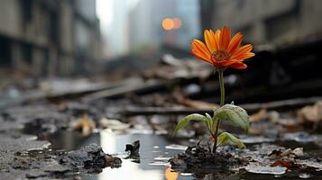 an orange flower growing out of a puddle in the middle of a city street generative ai photo