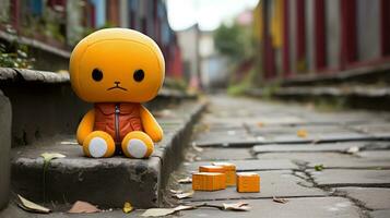 an orange teddy bear sitting on a brick walkway generative ai photo