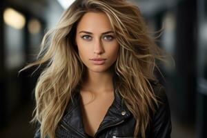 beautiful blonde woman with long hair in black leather jacket generative ai photo
