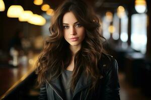 beautiful woman with long hair in leather jacket generative ai photo