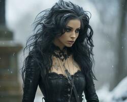 beautiful gothic woman with long black hair in the snow generative ai photo