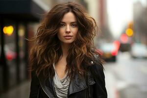 beautiful woman with long wavy hair and leather jacket on the street generative ai photo