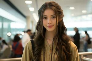 beautiful young asian woman with long hair standing in an airport generative ai photo