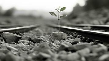 black and white image of a plant growing on railroad tracks generative ai photo