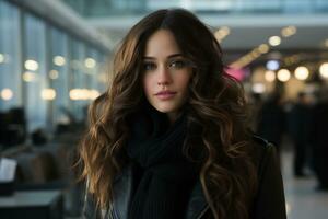 beautiful woman with long wavy hair in an airport generative ai photo