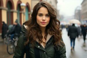 beautiful young woman walking on the street in the rain generative ai photo