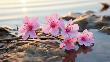 cherry blossoms on rocks in the water generative ai photo