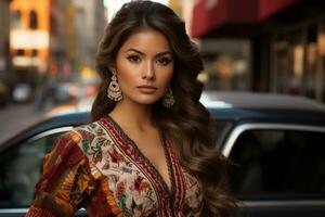 beautiful young woman with long brown hair standing in front of a car generative ai photo