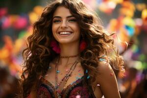beautiful young woman with long curly hair smiling in front of colorful confetti generative ai photo