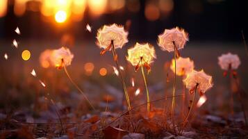 dandelions in the grass at sunset generative ai photo