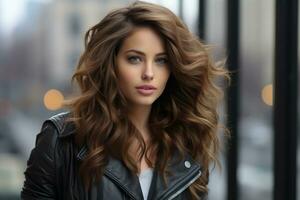 beautiful young woman with long wavy hair in a leather jacket generative ai photo