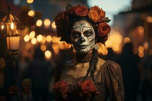 día de el muerto mujer con flores en su pelo generativo ai foto