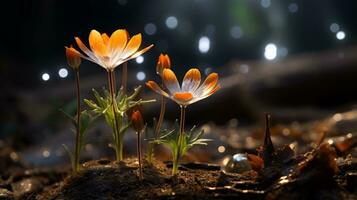 naranja flores en el oscuro bosque a noche generativo ai foto