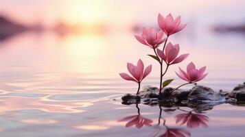 rosado flores creciente fuera de el agua a puesta de sol generativo ai foto